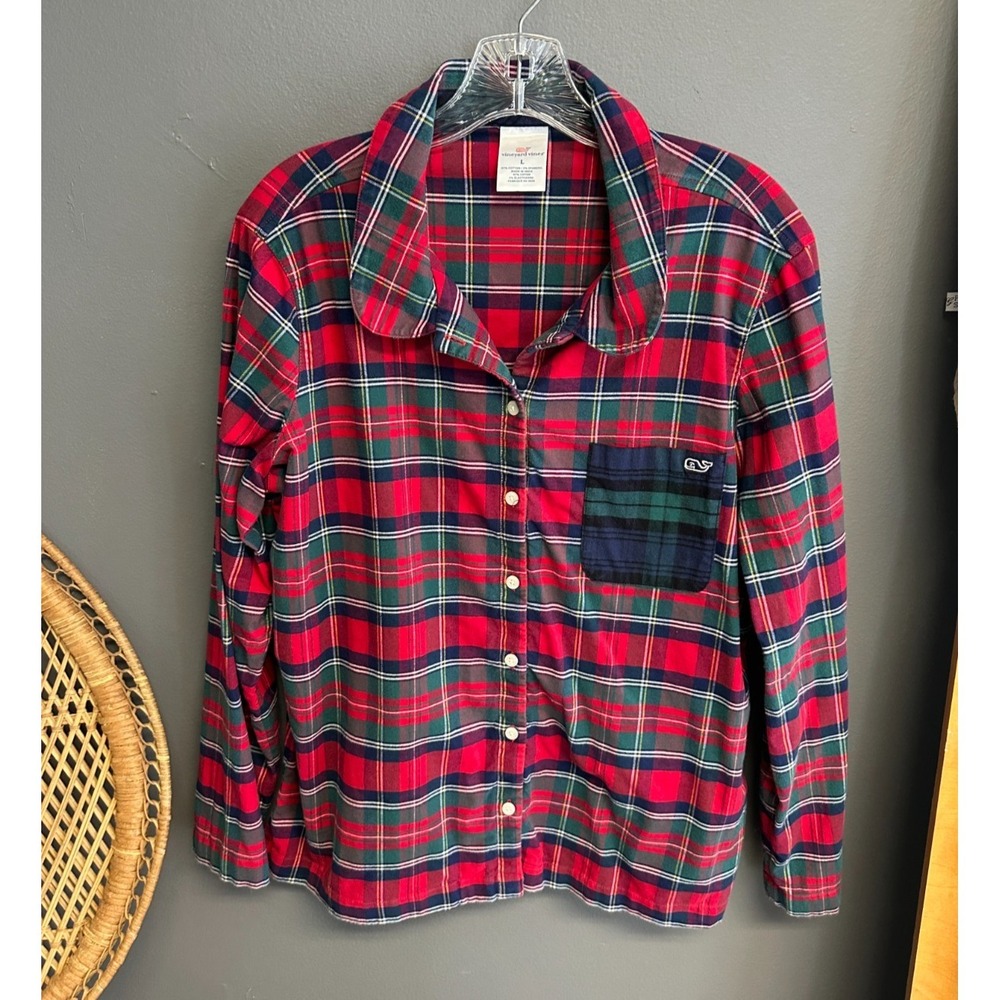 Vineyard Vines Womens L Red Plaid Flannel Shirt Pajama Top Pocket Whale Logo